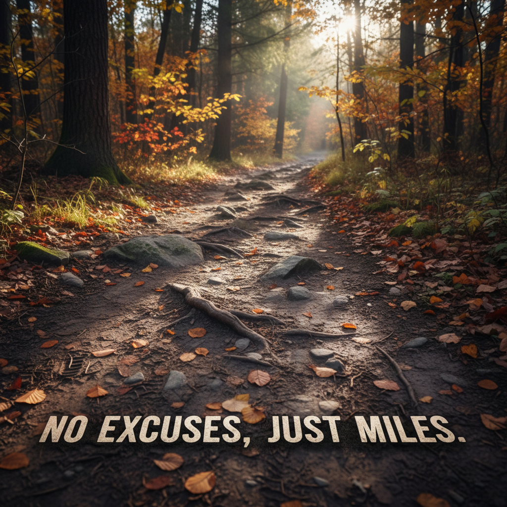 A rugged cross-country trail cutting through dense autumn woods, captured in vivid photographic realism. The foreground shows a narrow, rutted dirt path with scattered rocks, gnarled tree roots, and a light spray of mud, with overlapping prints of racing spikes and trainers pressed into the surface to imply the team’s presence. Fallen leaves in crimson, gold, and deep brown cluster along the edges, kicked aside by recent footsteps. Soft, diffused late-afternoon light filters through high tree branches, casting streaks of brightness across the trail and creating long, dramatic shadows. Shot from a dynamic low-angle perspective as if at a runner’s eye level, the path curves out of sight, suggesting relentless miles ahead. The composition uses leading lines to draw the viewer forward, evoking determination, grit, and the bold motto: no excuses, just miles.