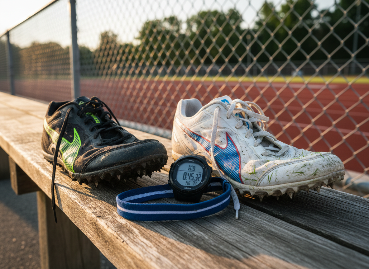 A pair of contrasting cross-country racing spikes placed side by side on a rough wooden bench by a high-school track in photographic realism, symbolizing team diversity and camaraderie without showing athletes. One shoe is sleek black with neon accents and mud caked into the sole; the other is bright white with faded markings and grass stains along the sides. Between them rests a simple digital watch paused mid-time, and a thin fabric headband draped casually. The setting includes a blurred stadium fence, distant trees, and a hint of a red track lane in the background. Warm golden-hour light streams from the side, catching the glossy plastic spikes and rough textures of the worn uppers. Shot in a tight, intimate composition with shallow depth of field, the mood is quiet but powerful, emphasizing shared mileage and commitment.