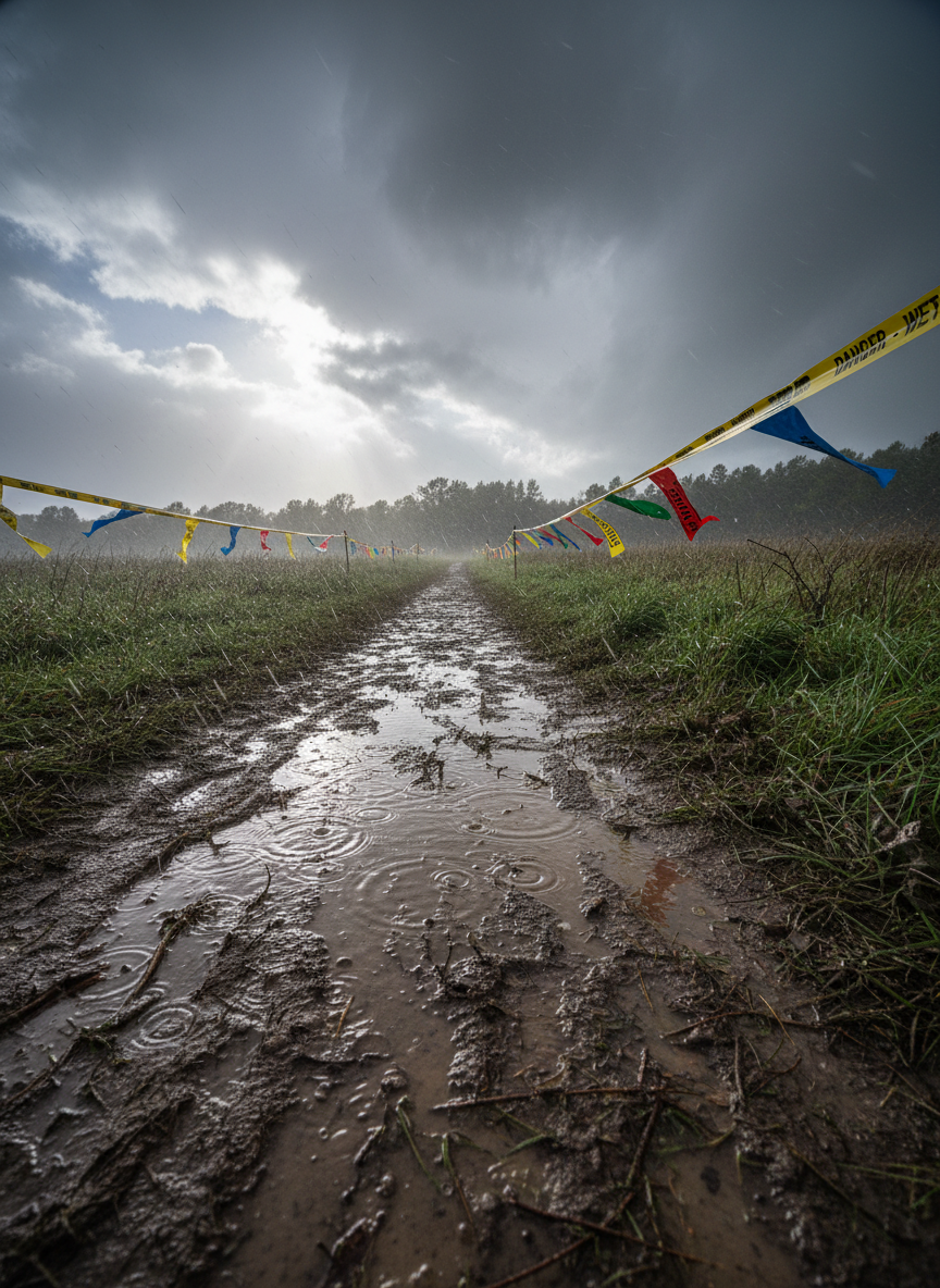 A rain-soaked cross-country course captured mid-storm without any runners present, emphasizing raw toughness and authenticity in photographic realism. The foreground shows a narrow, deeply muddied path with fresh, water-filled shoe prints and splashes where spikes have torn through puddles. Raindrops create visible ripples in shallow pools and cling to bent blades of grass alongside the course. Brightly colored course flags and tape lean at sharp angles, rattled by wind, their reflections warped in the wet ground. Dark storm clouds churn overhead, allowing only occasional shafts of silver light that highlight the reflective sheen on wet mud and leaves. Shot from a low, forward-facing angle with a wide lens, the path stretches dramatically into the distance. The mood is fierce, uncompromising, and bold, celebrating cross-country’s harsh conditions and the no-excuses mentality.