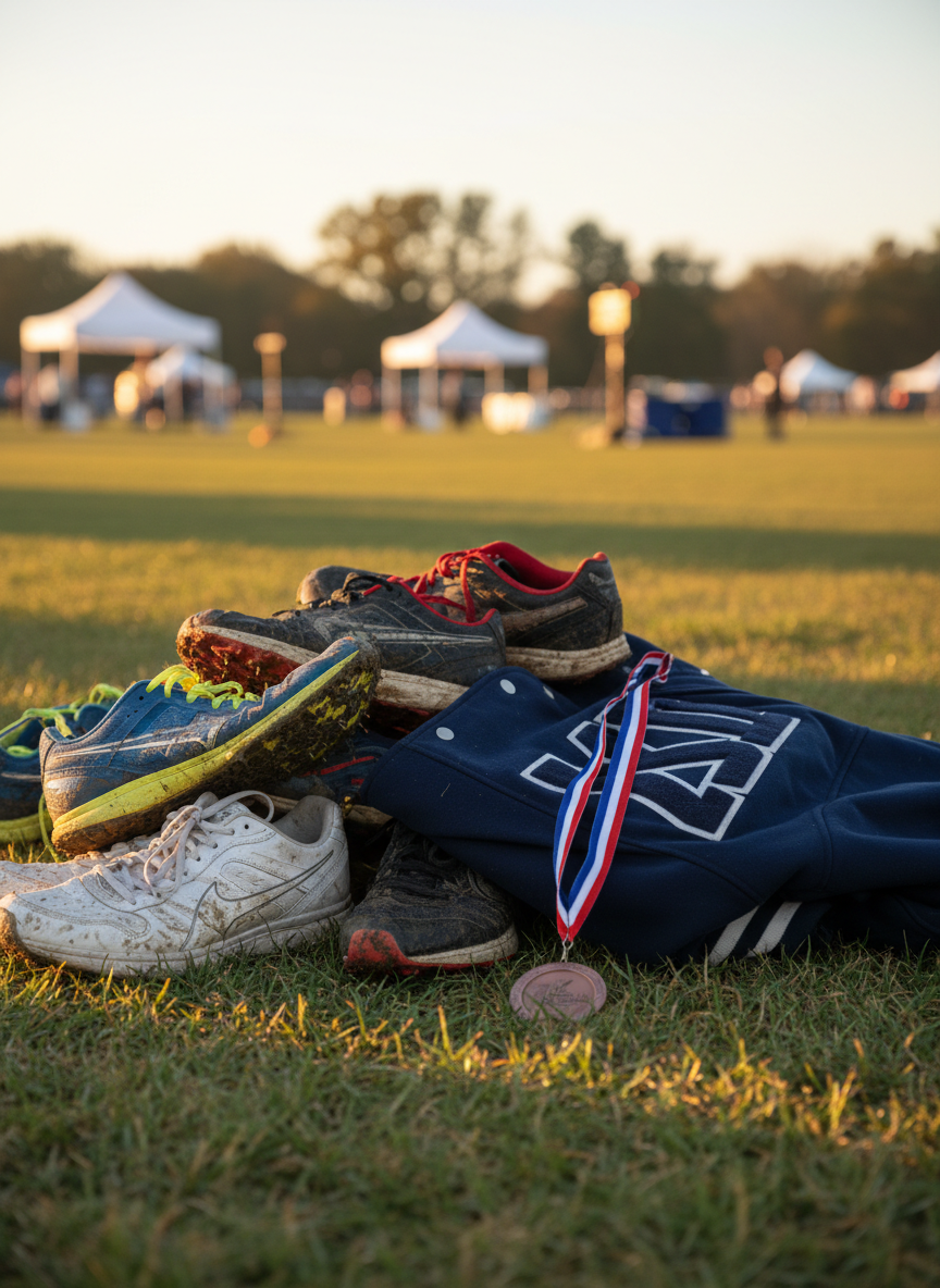 An intimate post-race still life on a grassy infield, capturing cross-country team camaraderie without any people, in authentic photographic realism. Several pairs of racing spikes and trainers are piled together in a casual heap, mismatched in size and color but united by mud spatters and grass stains. A single varsity-style warm-up jacket, emblazoned only with a bold lettermark partially visible, is thrown over the pile, with a slightly crumpled ribboned finisher’s medal resting on top. The late-afternoon sun sits low, casting warm, golden light that creates long shadows across the field and subtle highlights on metallic eyelets and medal edges. The background shows blurred tents, timing equipment, and a distant tree line. Shot from a medium-low angle with moderate depth of field, the mood is proud, exhausted, and quietly celebratory—no excuses, just shared miles.