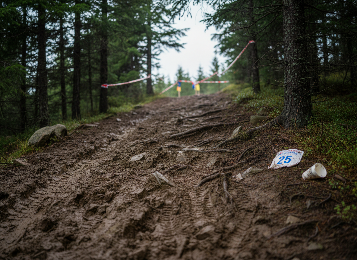A dramatic uphill cross-country course segment on a forested hillside, photographed from a slightly elevated angle to emphasize the brutal climb. Deep, churned-up mud with staggered shoe prints climbs the slope, interspersed with protruding roots and jagged stones. A discarded, crumpled race bib lies off to one side, worn and splattered, alongside an empty paper cup from a water station. Tall pines frame the path, their trunks dark against a cool, overcast sky that gives flat, even light, accentuating textures in the earth and foliage. In the distant background, faint tape markings and colored course flags blur into a soft bokeh. The composition uses the steep diagonal of the hill as a bold leading line, creating a gritty, relentless atmosphere that screams endurance, toughness, and the no-excuses mindset of cross-country.