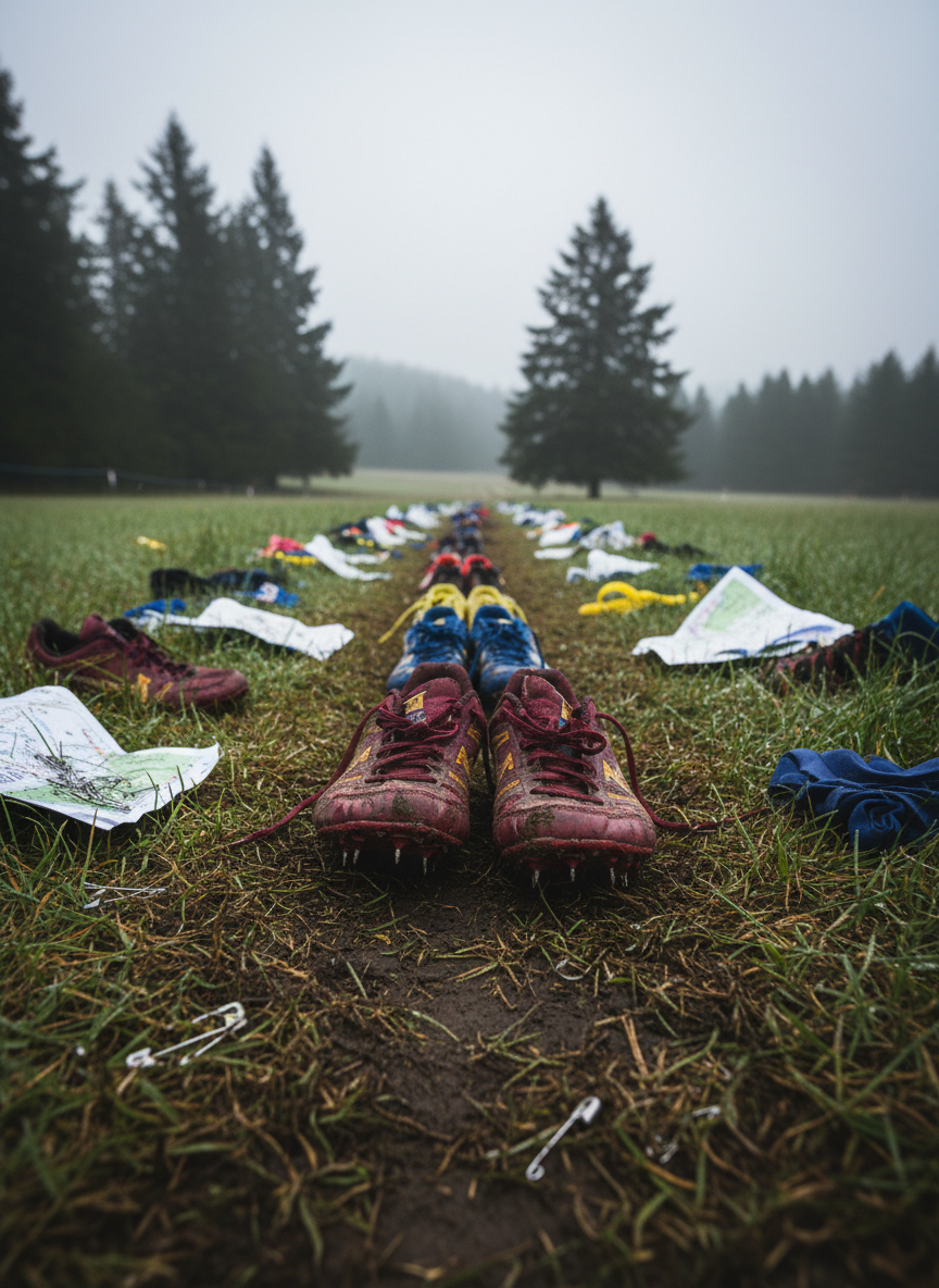 A packed cross-country starting line expressed through equipment and environment rather than people: a row of well-worn racing spikes in bold school colors, their metal pins biting into a narrow strip of churned grass and dirt. Crumpled course maps, safety pins, and discarded warm-up bands scatter along the edges. The setting is a misty early-morning field framed by dark evergreen trees and distant rolling hills, rendered as soft photographic bokeh. Cool overcast light creates a moody, high-contrast atmosphere with beads of dew glistening on blades of grass. Shot from a low, ground-level angle with shallow depth of field, the spikes in the center are razor sharp while the chaotic meet-day background fades, capturing a bold, no-excuses race-day energy in realistic, documentary-style photography.