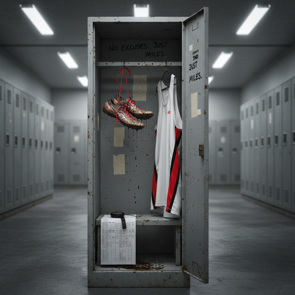 A stark, minimalist locker-room scene centered on a single open metal locker dedicated to cross-country, captured in clean photographic realism. Inside, a pair of mud-streaked spikes hang by their laces from a hook, dripping dry over a folded training schedule and a simple stopwatch. The locker’s interior paint is scuffed and worn, with tape residue and faint outlines where old photos once were, suggesting seasons of hard work. A slightly rumpled singlet with bold striped side panels hangs beside the shoes, its fabric showing sweat salt marks along the collar. Overhead fluorescent lighting casts cool, even illumination, creating crisp shadows and a slightly gritty atmosphere. Shot straight-on at eye level with a tight, symmetrical composition, the image feels bold, disciplined, and focused on preparation and accountability—a visual echo of “No Excuses. Just Miles.”